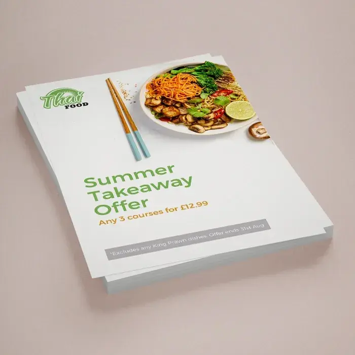A4 flyer printing in Dorset on silk or uncoated stock, 150gsm to 350gsm — 210 x 297mm, single or double sided, from £31