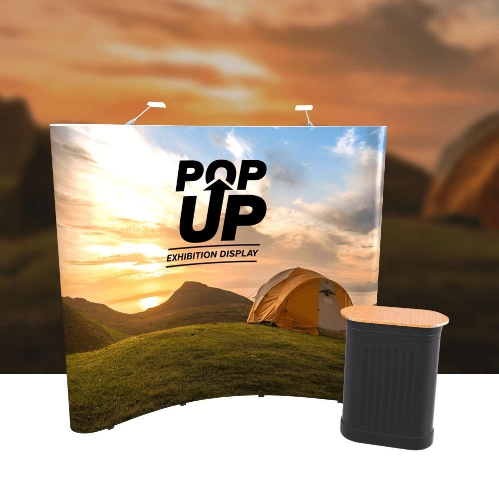 Traditional pop-up exhibition stands — curved or straight, 1x3 to 5x3, 500 micron graphics with LED lights and wheeled case, from £625 ex VAT