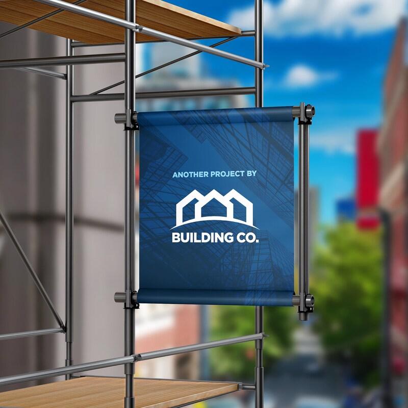 Scaffold banner printing in Dorset — 60mm pole-pocket banners in standard or premium PVC, AirMesh, fabric mesh, block-out double-sided PVC or flag polyester, made to any size from £19 per square metre ex VAT