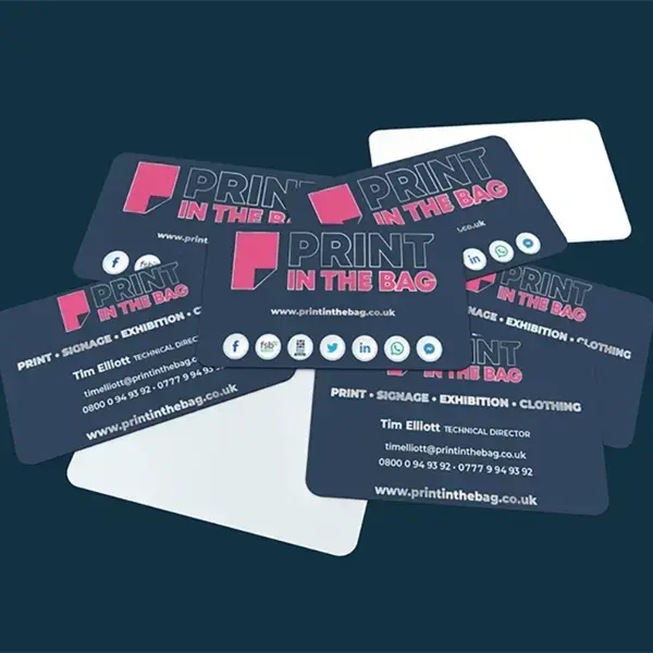 Premium printed business cards — choice of stocks and finishes, free collection or tracked UK delivery, from £26