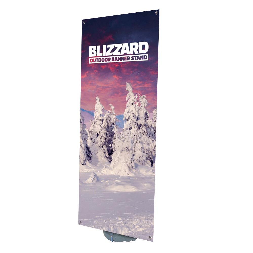 Blizzard outdoor banner stand — 800 x 2100mm water-filled display with hemmed and eyeleted PVC banner, six-minute setup, £200 ex VAT