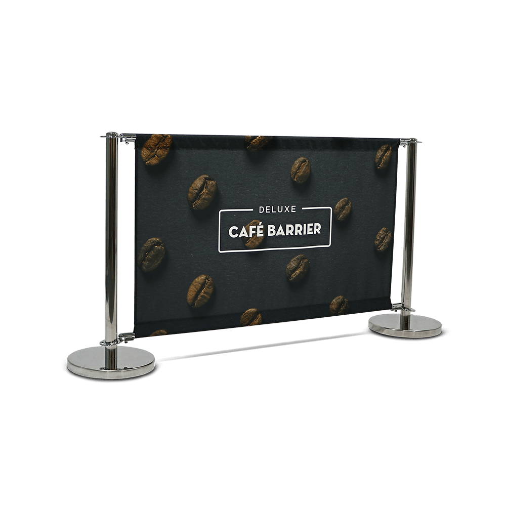 Deluxe café barriers with chrome stainless steel posts — 1000, 1500 and 2000mm printed fabric graphics, single or double-sided, full and extension kits, from £200 ex VAT