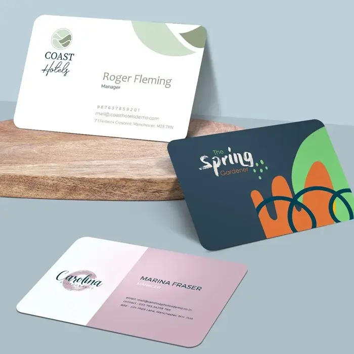 Rounded corner business card printing in Dorset — 350gsm and 450gsm silk, 100 to 1000 cards, from £39