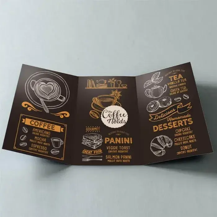 Laminated menu printing in Dorset — A4 matt laminated both sides on 350gsm silk, wipe-clean, from £69