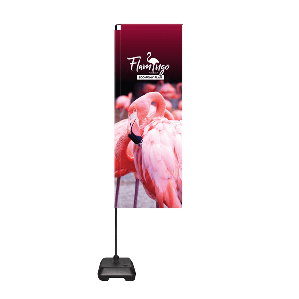 Flamingo economy flag display — 880 x 2680mm, printed flag polyester graphic with black pole and fillable 15-litre base, facing left or right, £98 ex VAT
