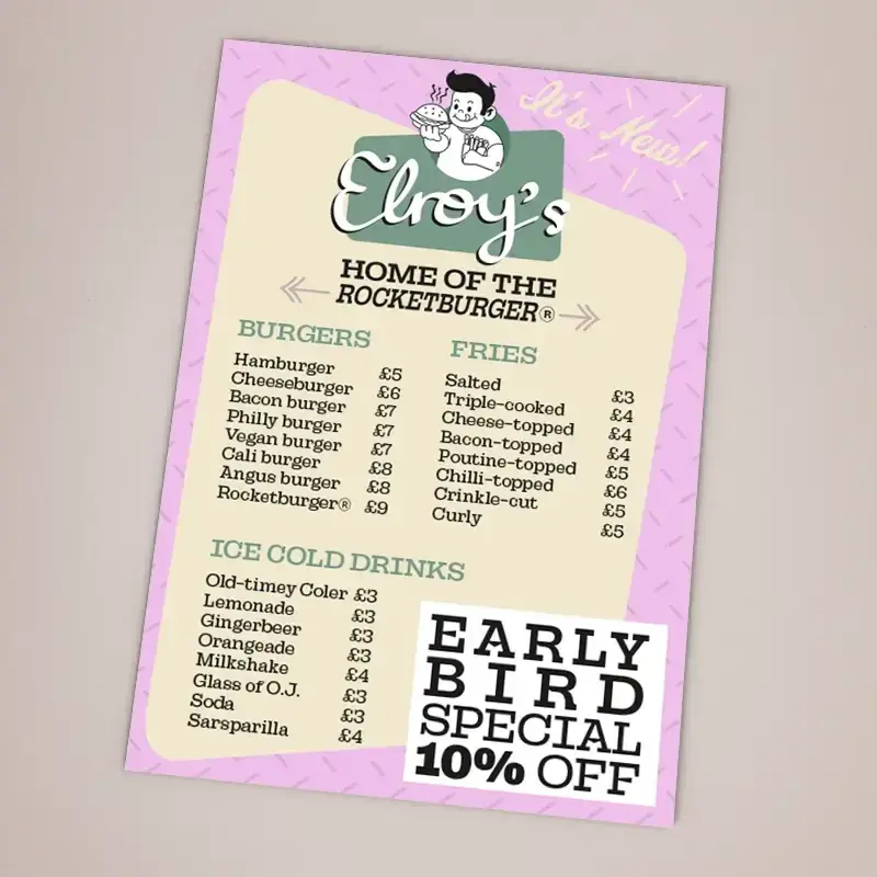 Menu printing in Dorset — A4 flat or folded to A5 on 350gsm silk, zero-rated, from £45