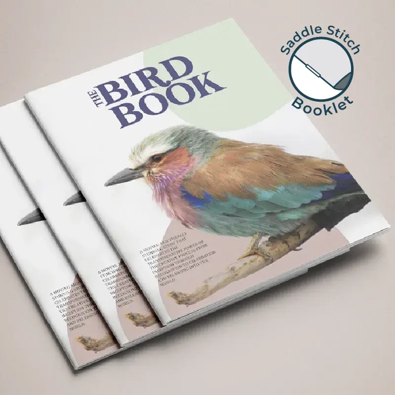 Saddle-stitched A5 booklet printing, 32 pages — 5 sizes A6 to A4, self-cover or silk cover upgrade, from £215