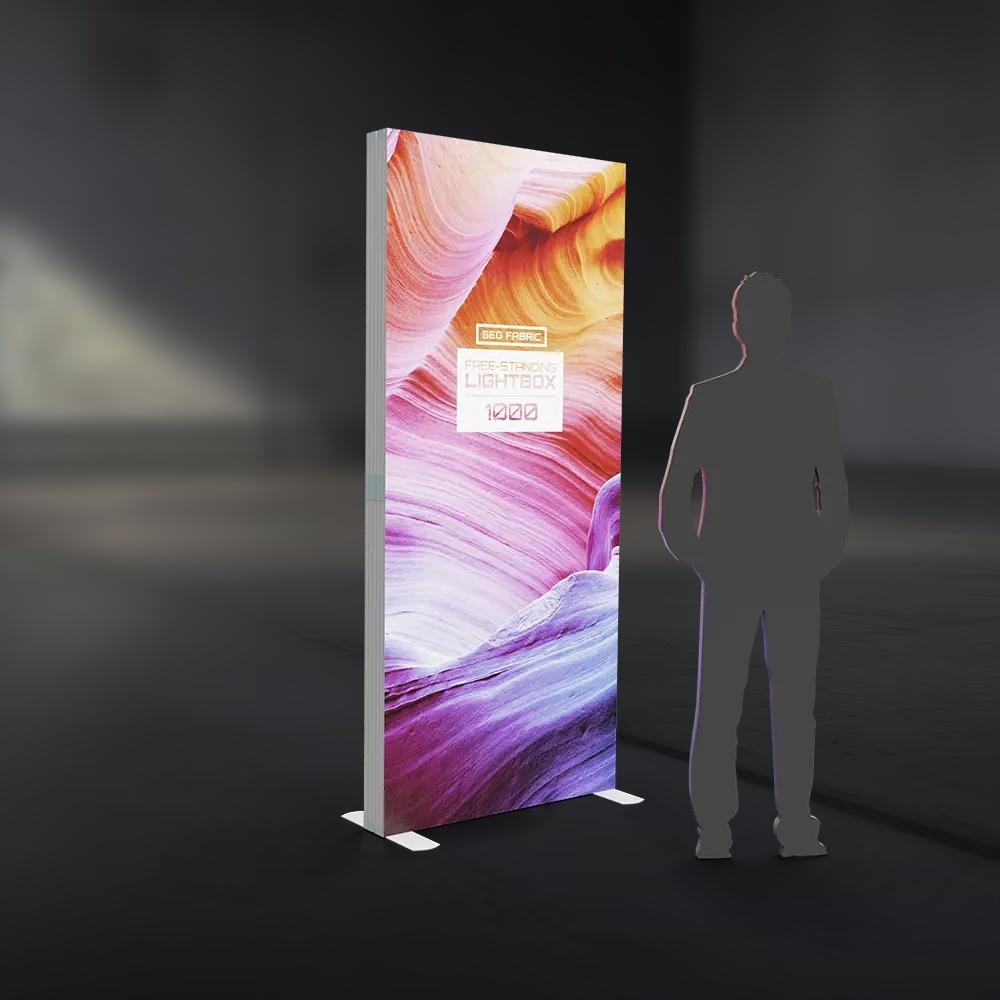 Free-standing SEG fabric lightbox in Dorset — double-sided edge-lit LED display with two backlit fabric graphics and wheeled hard case, 850mm to 3m wide, from £700 ex VAT