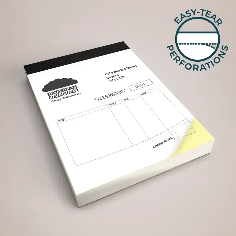 Carbonless NCR book printing in Dorset — A5 and A4 invoice and receipt books, 2, 3 and 4-part, from £155