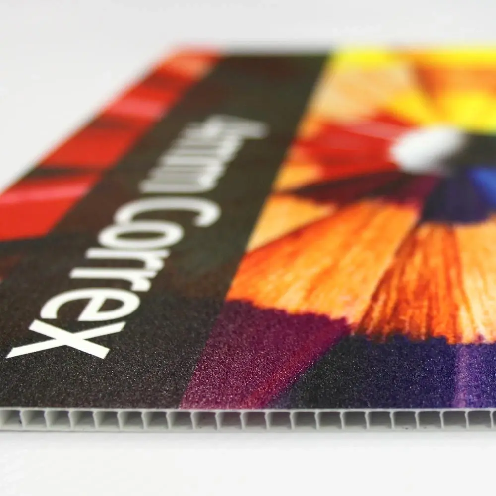 Correx fluted board sign printing in Dorset — 4mm, any size to 2.4 x 1.2m, from £29 per sq.m