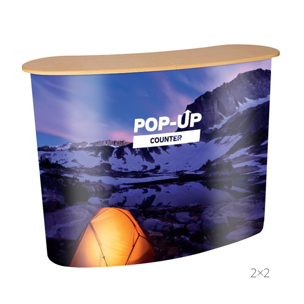 Traditional pop-up exhibition counter — 1x2 or 2x2, pop-up material graphic with beech-effect top, internal shelf and carry bag, from £340 ex VAT