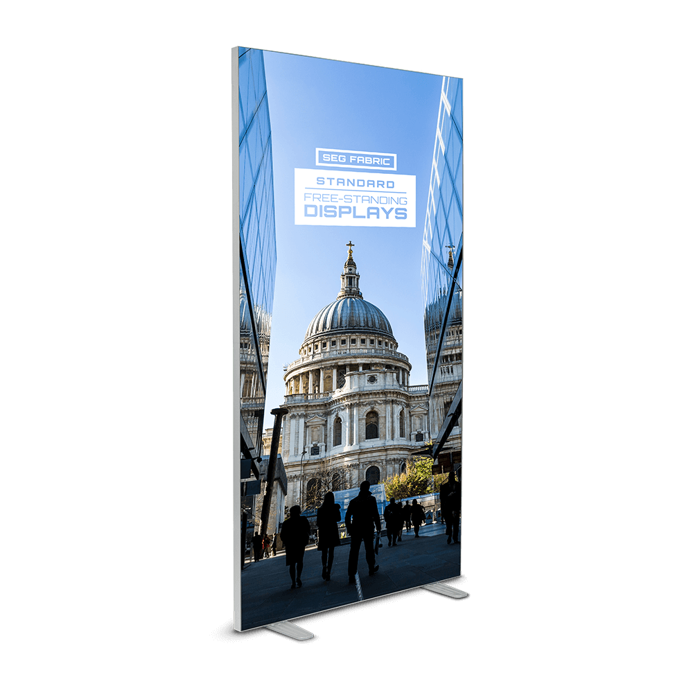Free-standing SEG fabric display in Dorset — 40mm aluminium frame, two silicone-edge fabric graphics and carry bag, 850mm to 1.5m wide, from £230 ex VAT
