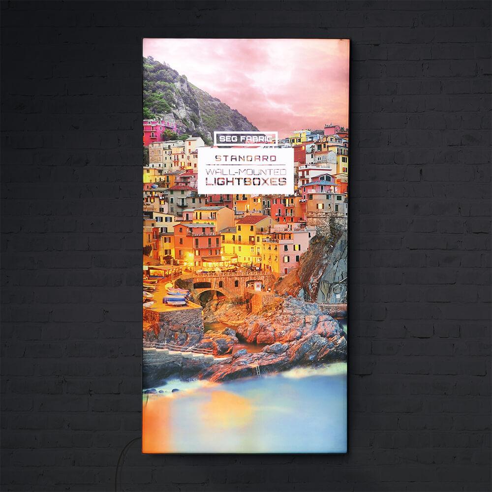 Wall-mounted SEG fabric lightbox in Dorset — 75mm edge-lit LED frame with backlit fabric graphic, 1m, 2m and 3m wide, from £920 ex VAT