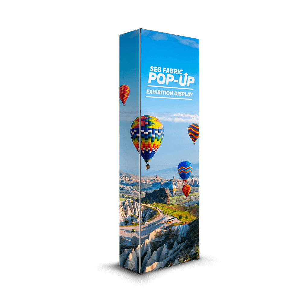 SEG fabric pop-up exhibition stands — 770mm to 2970mm wide x 2235mm high, silicone-edge stretch polyester graphics, single or double sided, from £520 ex VAT