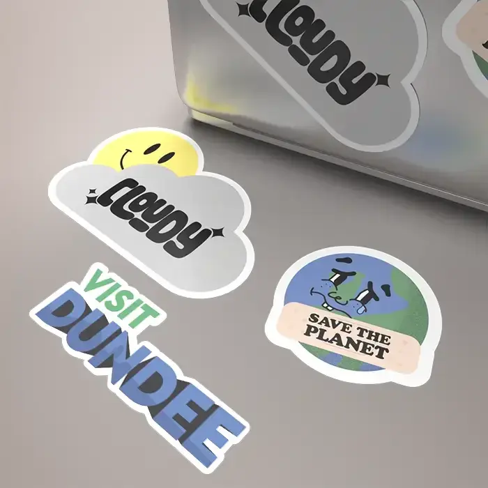Custom shape die-cut sticker printing in Dorset — contour-cut white or clear self-adhesive vinyl, up to 150mm, from £55