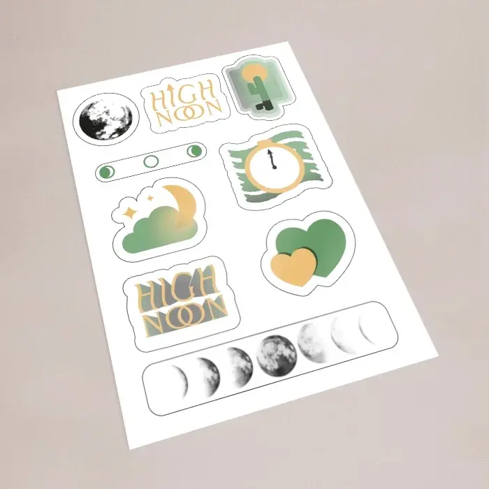 Kiss-cut sticker sheet printing in Dorset — matt paper or white vinyl, A5 & A4 sheets, from £39