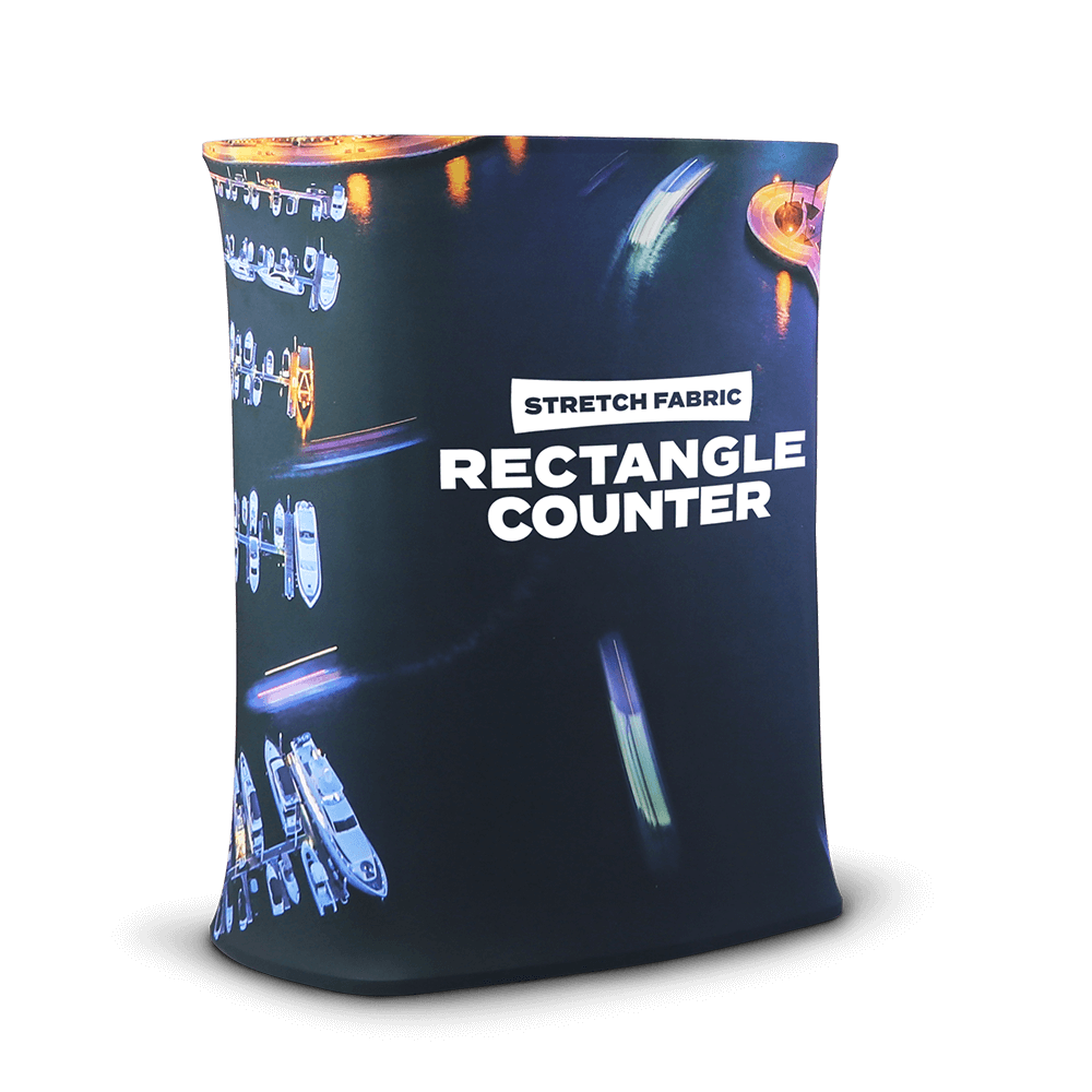 Stretch fabric rectangle exhibition counter — 800 x 1005 x 530mm, 260gsm printed stretch cover on an aluminium frame with carry bag, from £260 ex VAT