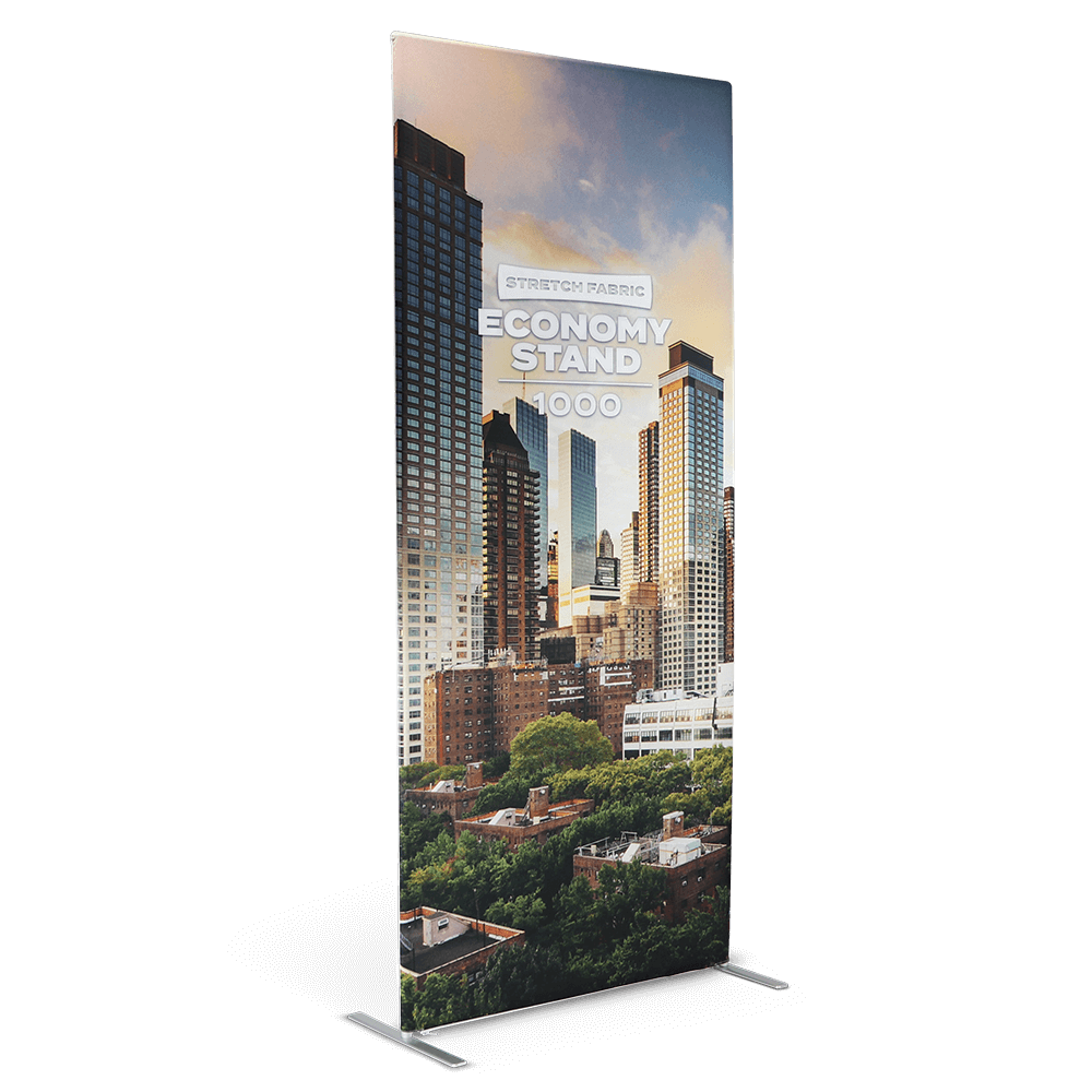 Lightweight tension fabric banner stand — 850mm to 2.5m wide x 2290mm high, snap-fit tubular aluminium frame with seamless dye-sublimated stretch fabric graphic, single or double-sided, from £140 ex VAT