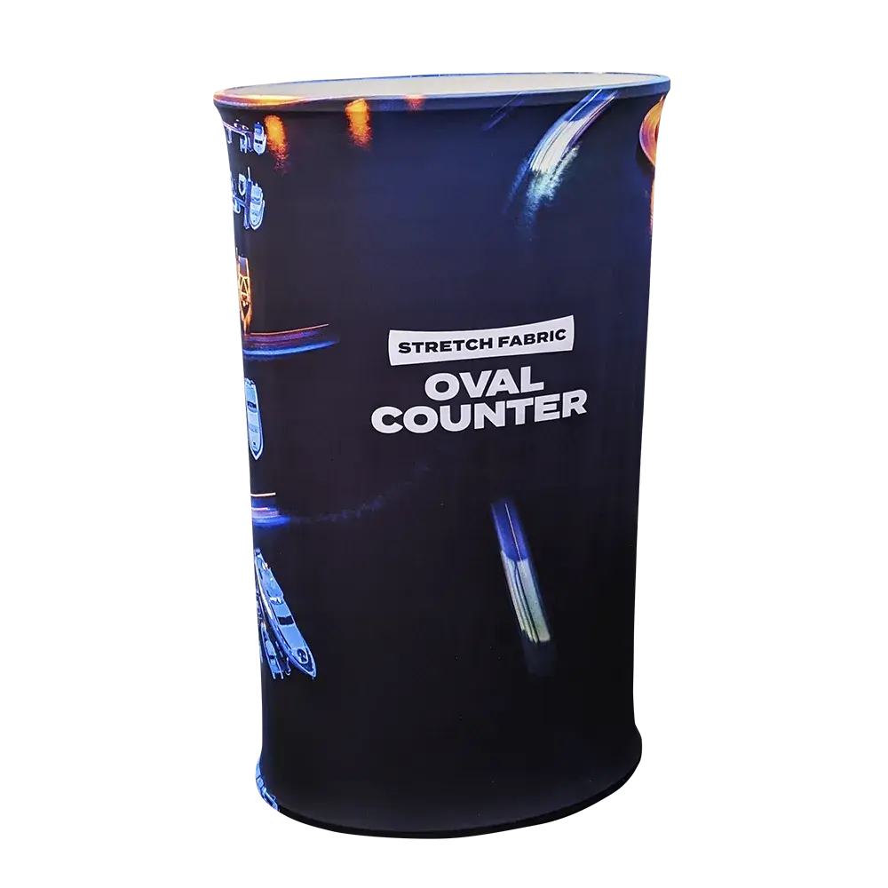 Stretch fabric oval exhibition counter — 595 x 1010 x 395mm, 260gsm printed stretch cover on a three-pole aluminium frame with top, base and carry bag, £185 ex VAT