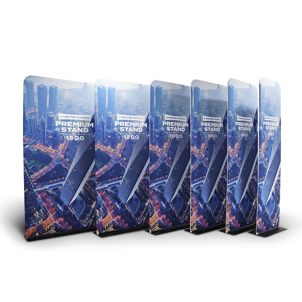 Heavy-base tension fabric banner stand — 600mm to 1.5m wide x 2290mm high, tubular aluminium frame with weighted base and seamless dye-sublimated stretch fabric graphic, single or double-sided, from £165 ex VAT