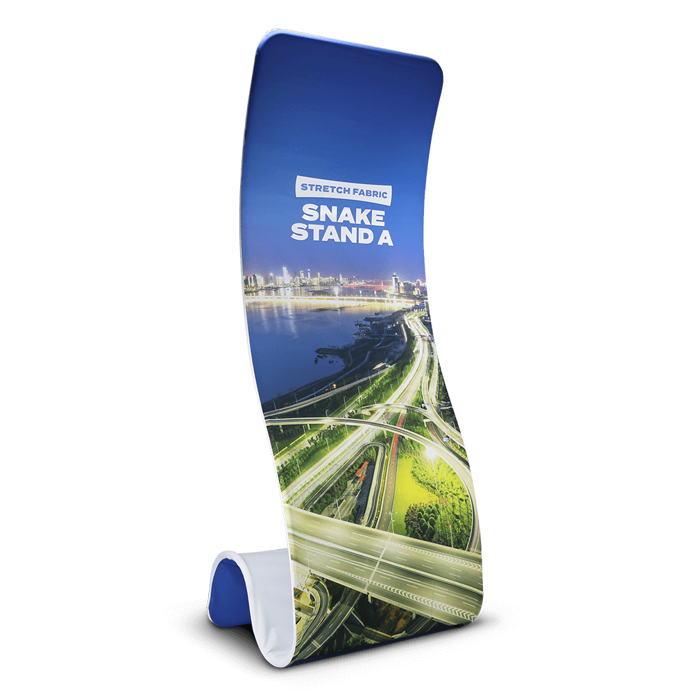 Curved "snake" tension fabric display — 900mm wide x 2350mm high x 690mm deep, snap-together aluminium frame with seamless dye-sublimated stretch fabric graphic, single or double-sided, from £280 ex VAT