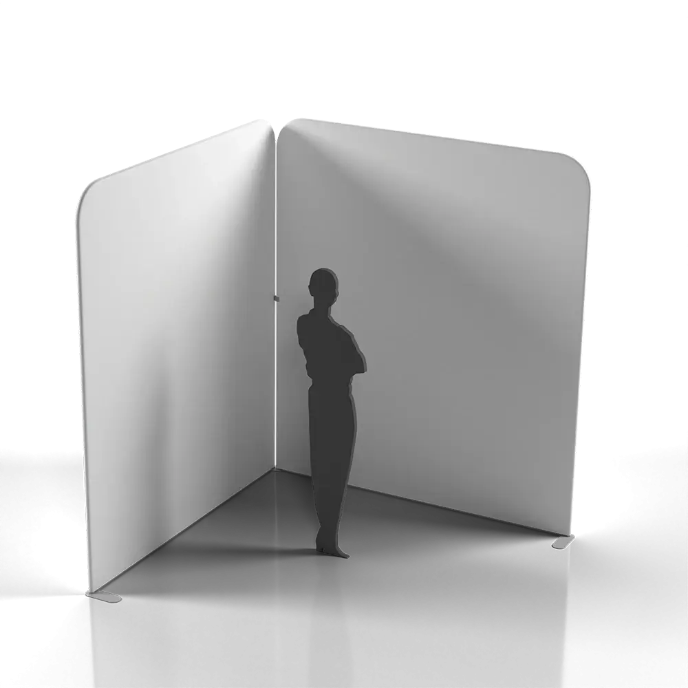 Two-wall and three-wall stretch fabric exhibition stands — 2m to 4m wide, 2270mm high, printed graphic, frame, feet and connectors included, from £680 ex VAT