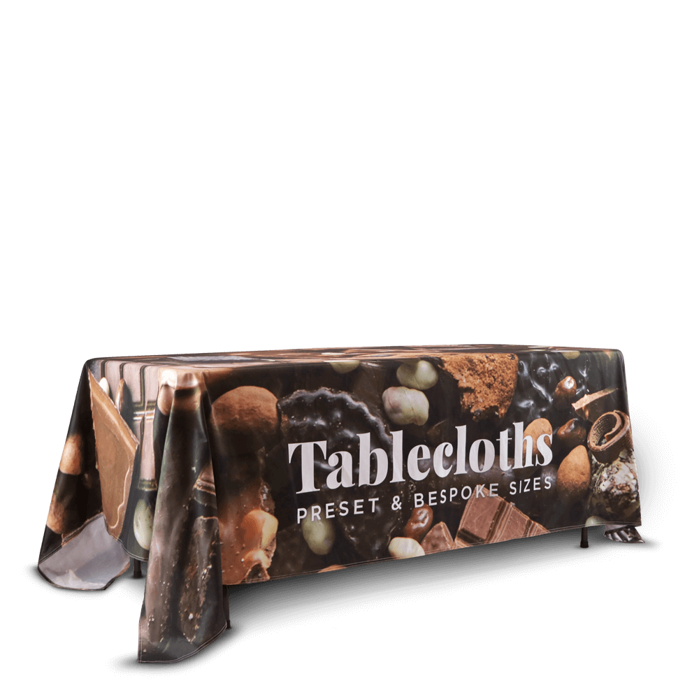 Bespoke printed fabric tablecloths made to any size — fire-rated stretch polyester, hemmed all round, up to 3m finished width, £36 per sq.m ex VAT