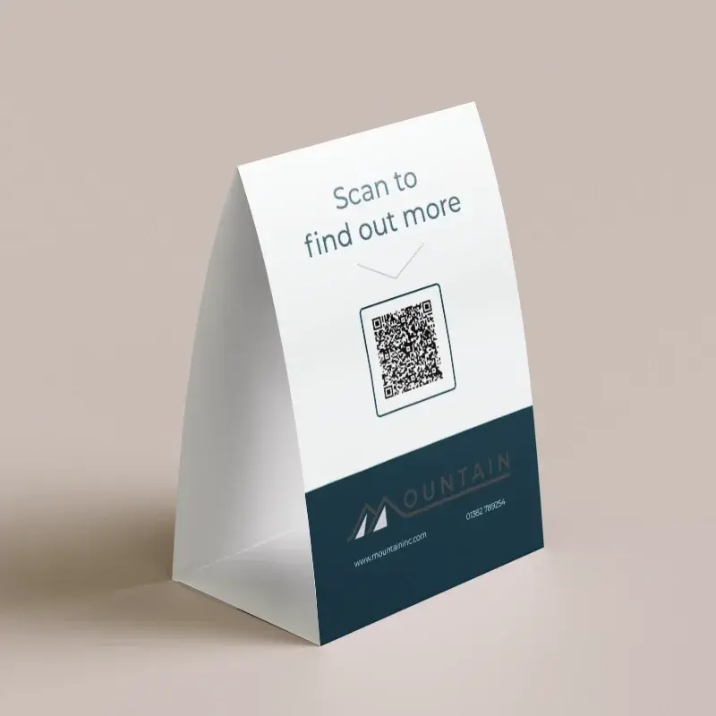 Table tent card printing in Dorset — A6, A5 and DL triangle, uncoated, UV varnish or soft touch, from £20