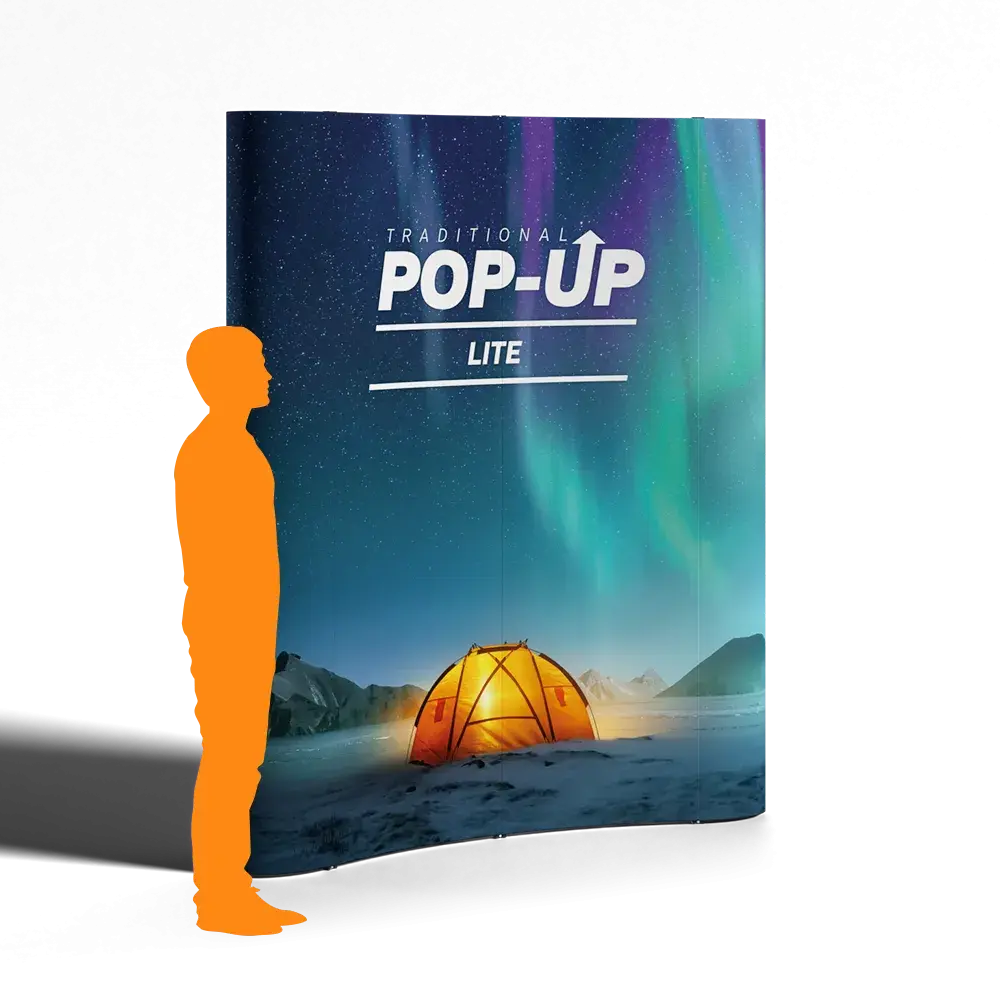 Budget pop-up exhibition stands — curved or straight 2x3, 3x3 and 4x3 frames with 500 micron printed graphics, supplied boxed, from £600 ex VAT