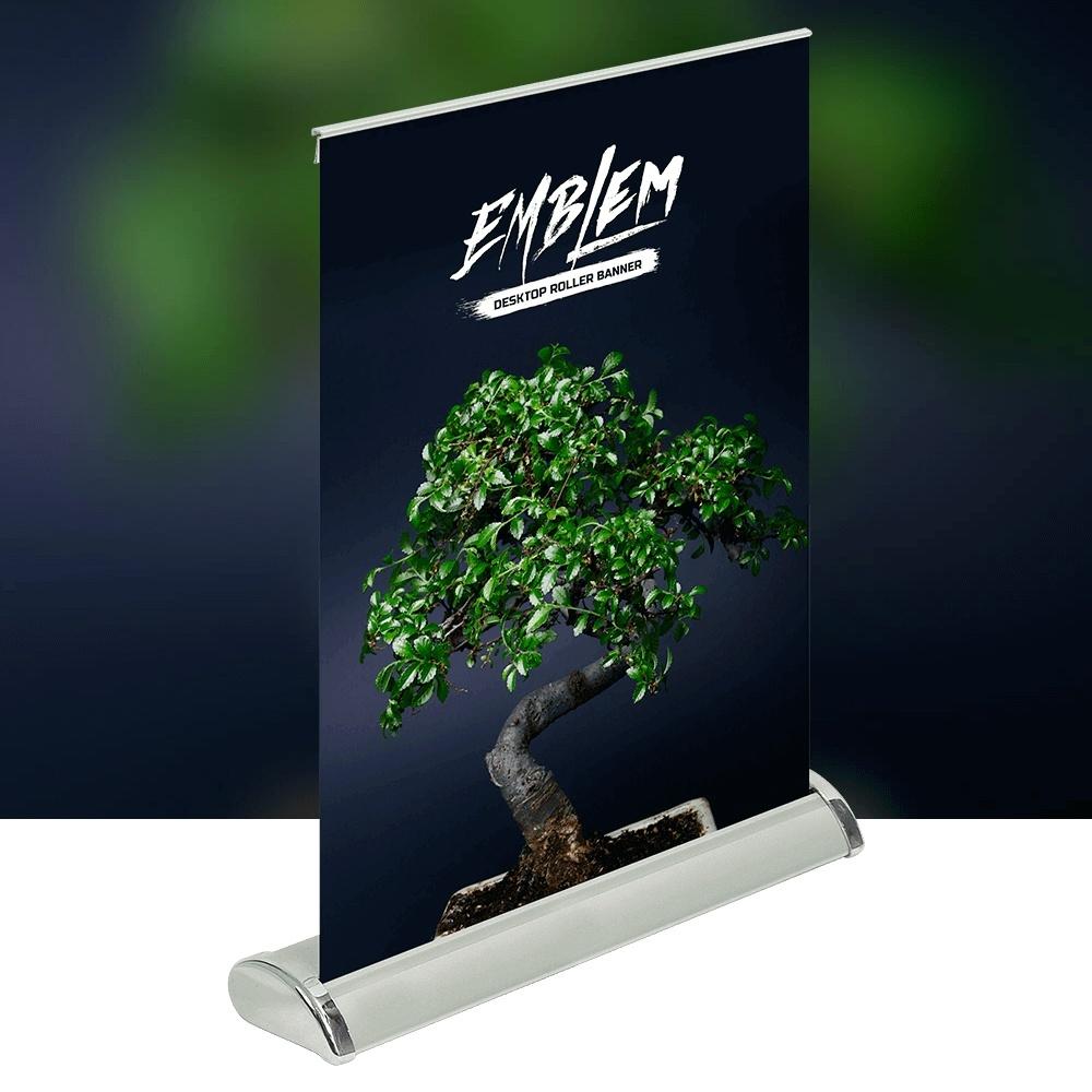 Desktop roller banner printing in Dorset — Emblem A3 mini pull-up, 400gsm SoFlat graphic, 320 x 500mm counter-top unit, from £48 ex VAT