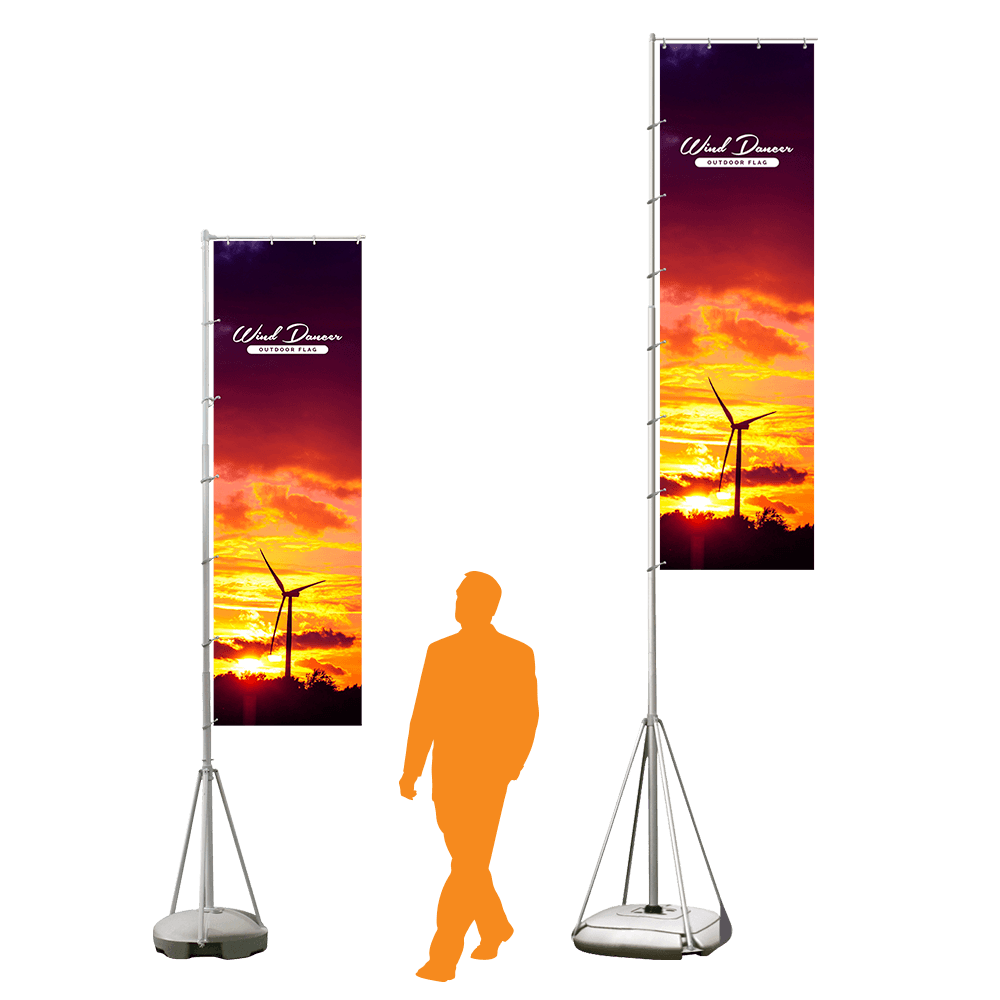 Wind Dancer outdoor flag display — 4m and 5m telescopic poles with printed flag polyester graphic, water or sand fillable base and carry bag, from £300 ex VAT