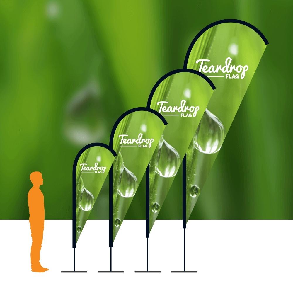 Teardrop flag printing in Dorset — small and medium teardrop flags, single or double sided, poles and carry bag included, from £89