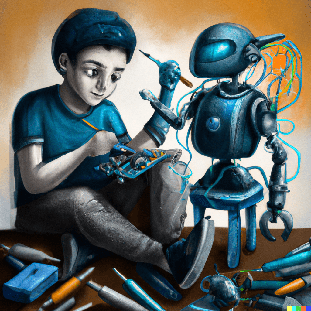 " Digital Art created by an AI engine. Title: Kid enjoying building…