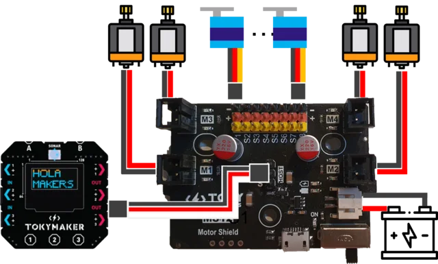 Motor board to extend the capabilities of Tokymaker to the limit! This board is for robot builders who want to challenge their abilities and create robots that are powerful yet easy to manage.