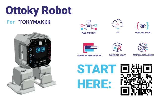Ottoky is the Otto robot you know with the innovation you love.

Two innovative companies in the Educational technology have partner to bring Ottoky to life, Otto DIY and Tokylabs combined their expertise and communities in one ""big"" revolutionary project

You probably know Otto a funny biped robot now powered by Tokymaker, isnâ€™t just about DIY building, it is an intuitive way for young and adults to learn the fundamentals of electronics, programming, iot, AR and solve problems creatively.

It combines Online Programing and Offline Hardware creation for beginners.

NO SOLDERING REQUIRED

- Printed Parts
- Easy to code with Blockly - Â Bluetooth
-Â Nylon gear motors
-Â Walk & dance
-Â Sounds
-Â Potentiometer
-Â Touch &amp; Buttons
-Â OLED Display
- Â Neopixel RGB light
- Â Internet of Things &amp; Wifi
- Â Augmented Reality
- Artificial Intelligence
- Building Blocks