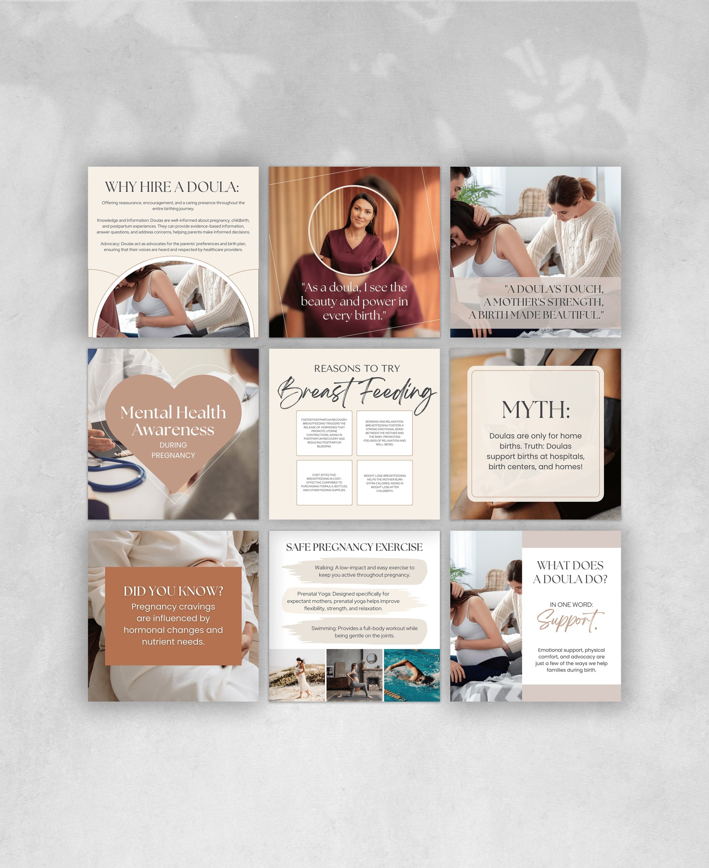50 sleek, minimalist Instagram posts for doulas, customizable in Canva.
