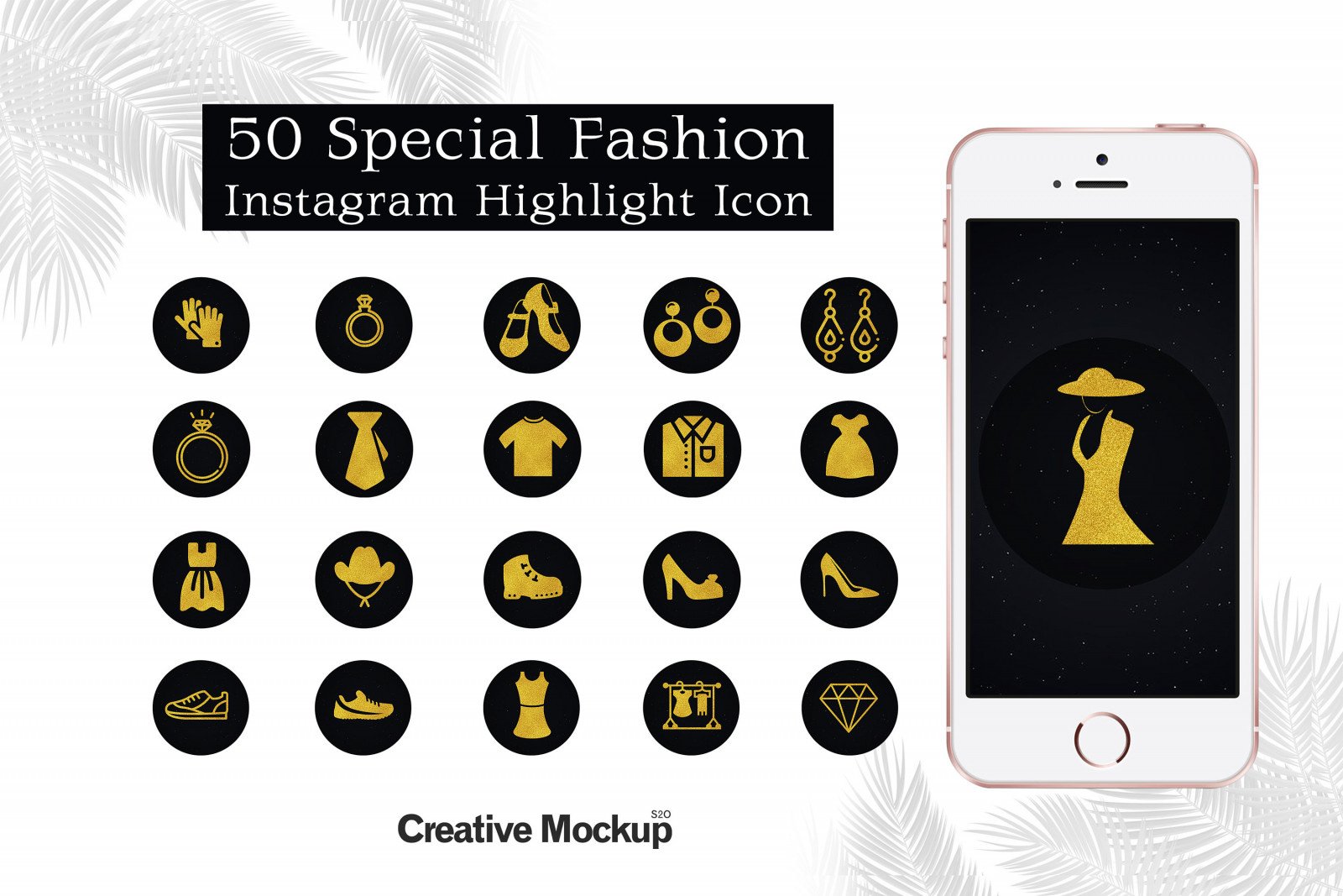 50 Instagram Story highlight icons | 50 fashion Instagram Stories highlights icons | Social media icons | Highlight covers | gold background
