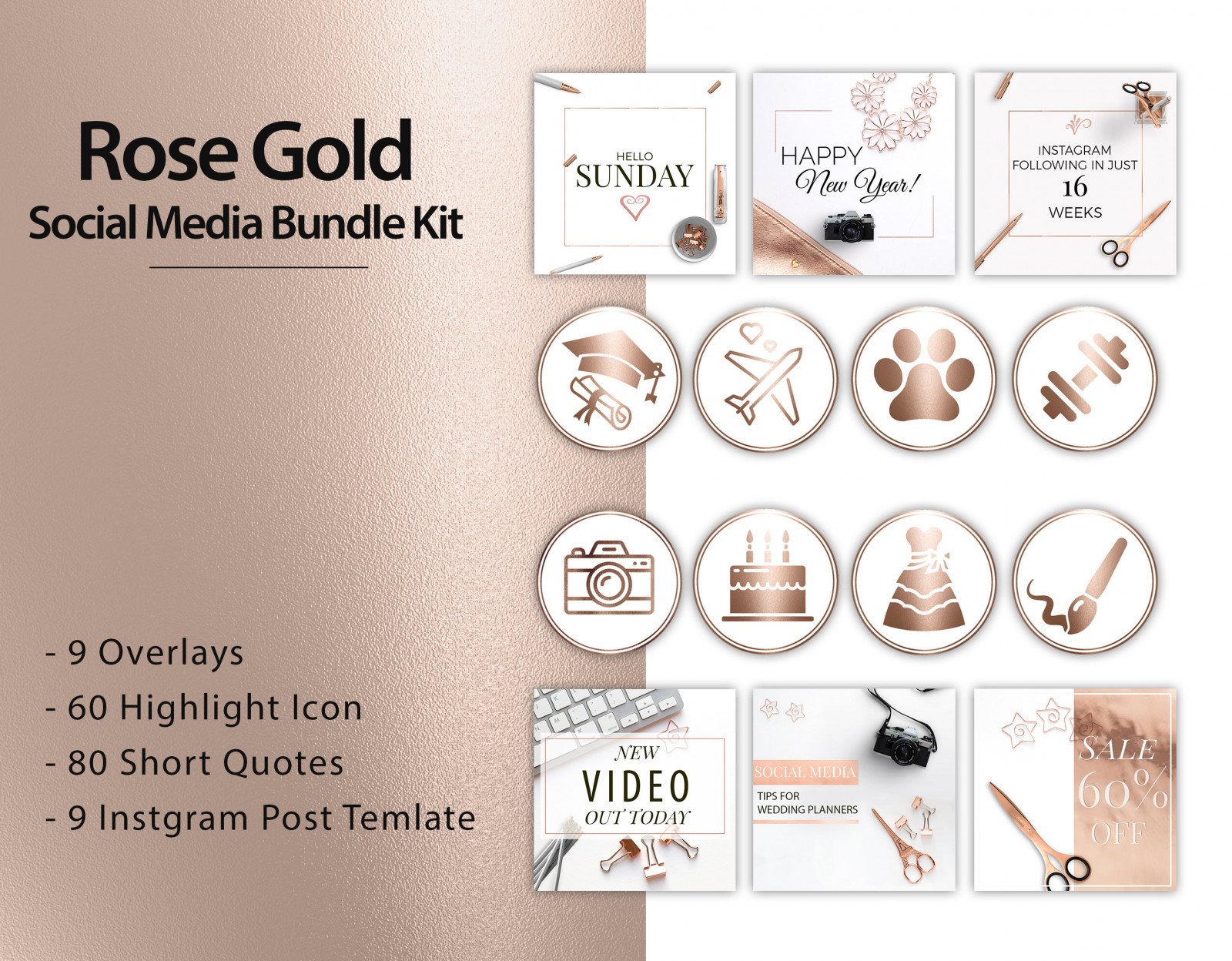 Rose Gold Highlight Covers | 60 Instagram Story Highlights Icons | 9 Instagram post | 8 overlay | 20 Letters Rose Gold