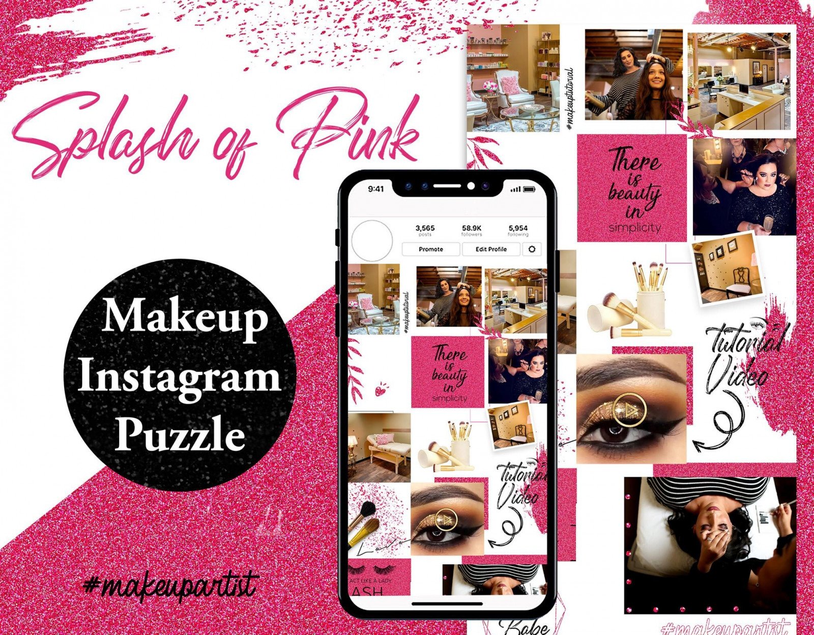 Pink Instagram Puzzle Template | Makeup Artist Template | PSD Template | Makeup Glitter Pink | Mood Board for makeup