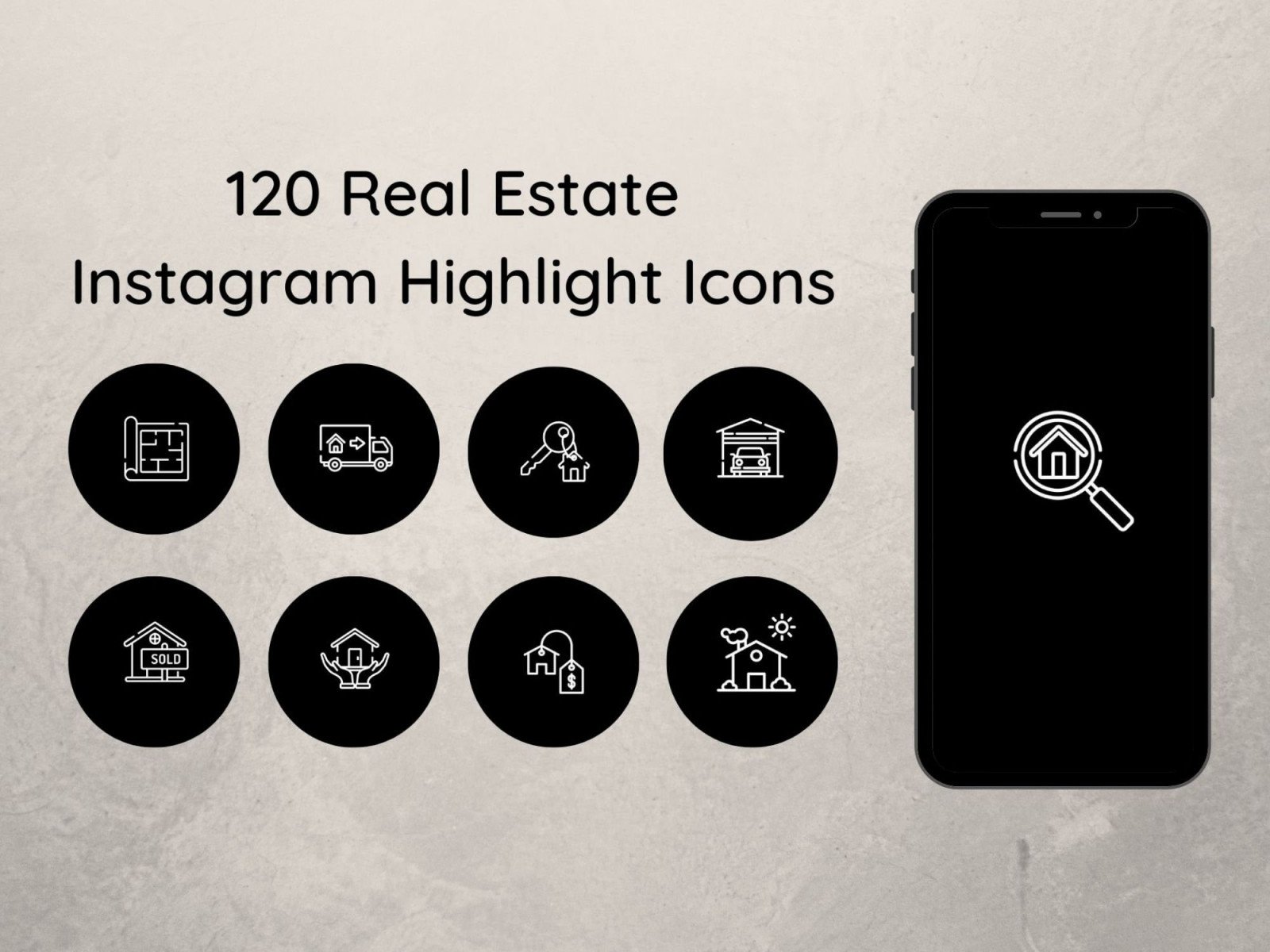 120 Instagram Story highlight icons | Real Estate Instagram Stories highlights icons | Real Estate icons | Black  background