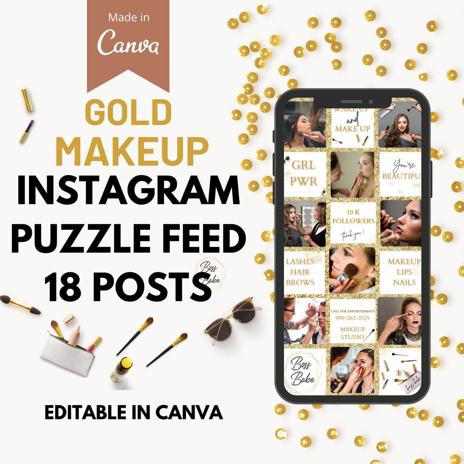 Instagram Puzzle Template for Makeup Artist Gold Glitter| Gold Instagram Puzzle | Canva Template