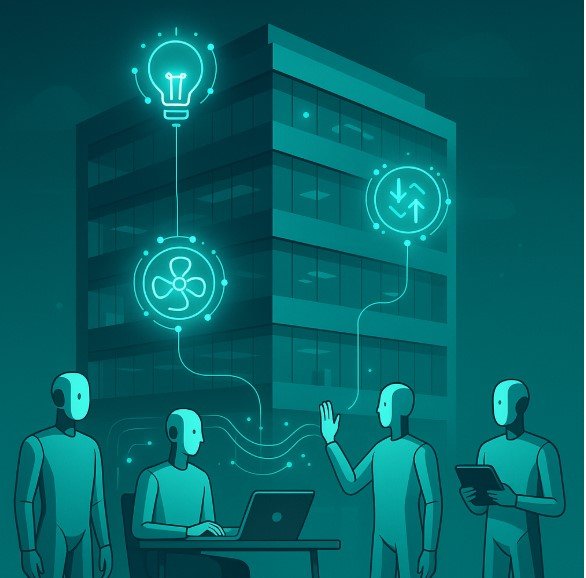 AI-powered smart building where digital agents manage real-time IoT data from lighting, HVAC, and elevators in a sleek, futuristic environment.