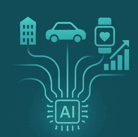 Abstract AI chip transforming into icons of buildings, vehicles, wearables, and ESG graphs — symbolizing the future of insurance powered by intelligent hardware.