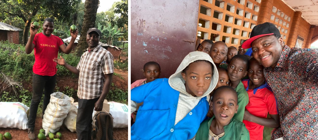 Le fondateur de Terra Noun avec la récolte d'avocats bio (à gauche) et avec les enfants de la communauté (à droite).