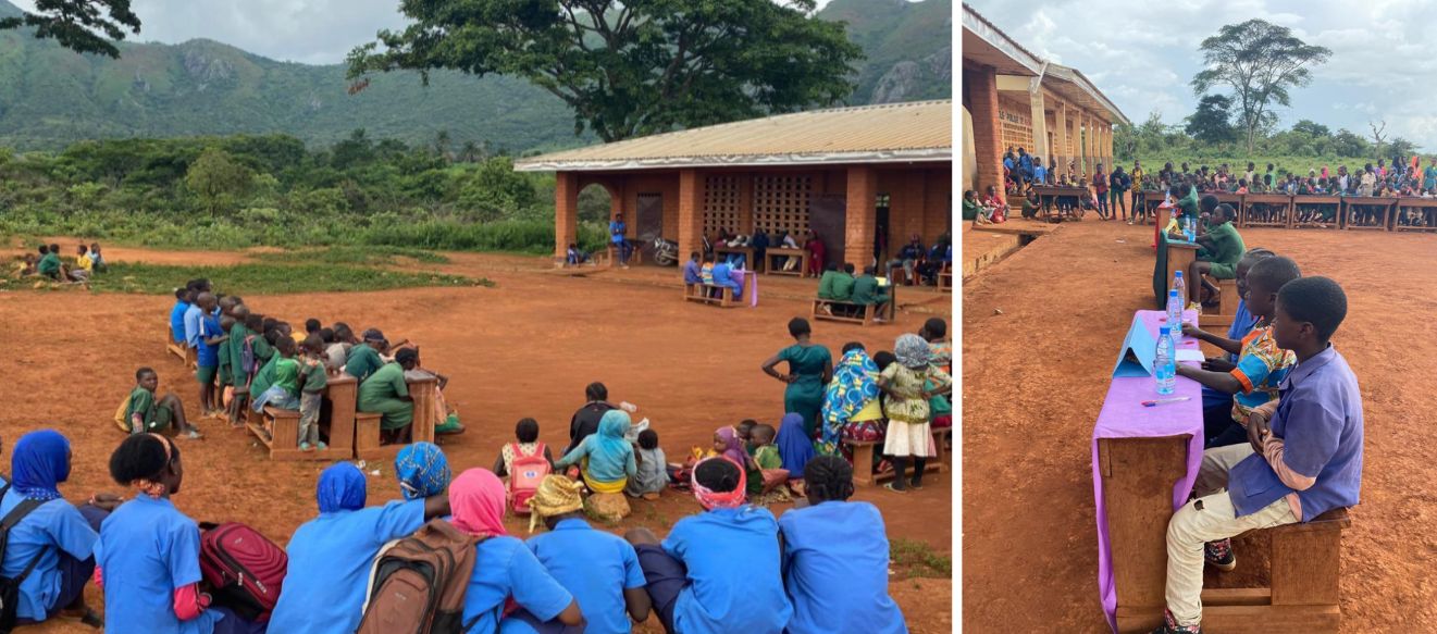 Les 9 meilleurs élèves des 3 écoles dans la cour de l’école primaire Naham Njigoube participent au concours inter-école 2023.