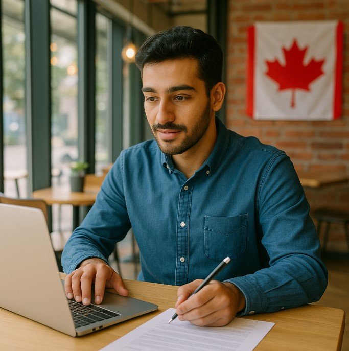 مهاجری جوان در کافه‌ای مدرن در کانادا، در حال نگارش درخواست بررسی مجدد ویزا با امید و انگیزه برای رسیدن به اهدافش