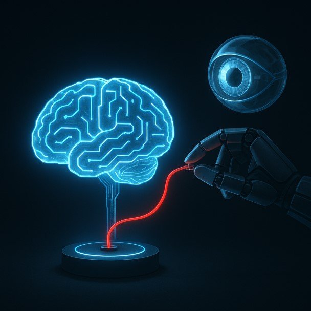 اعتماد از دل نظارت می‌آید. مغز دیجیتال، دست خالق و چشم ناظر؛ نمادی از پیوند قدرت، شفافیت و مسئولیت در عصر هوش مصنوعی.