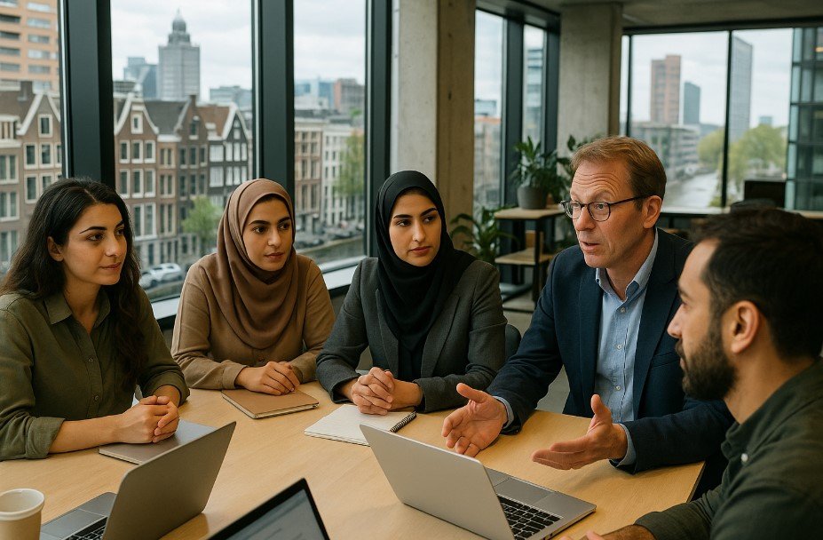 جلسه‌ای سازنده میان تیم ایرانی و منتور هلندی در فضای کاری مدرن آمستردام؛ جایی که تنوع، نوآوری و همکاری بین‌المللی کنار هم آینده‌ٔ استارتاپ‌ها را می‌سازند.