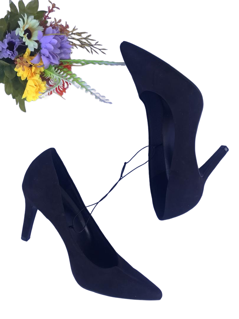 Women's Navy Blue Suede Pointed-Toe High Heels with Floral Embellishments
