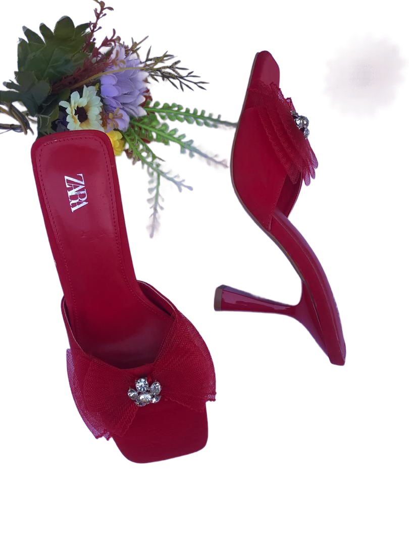 Women's Red Satin High Heel Pumps with Embellished Bow Detail
